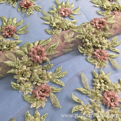 Green Flower Handwork Pearl Tulle Lace Fabric